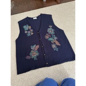 Vintage Cottagecore Knit Embroidered Sweater Vest.‎ Country Cottage Floral Large